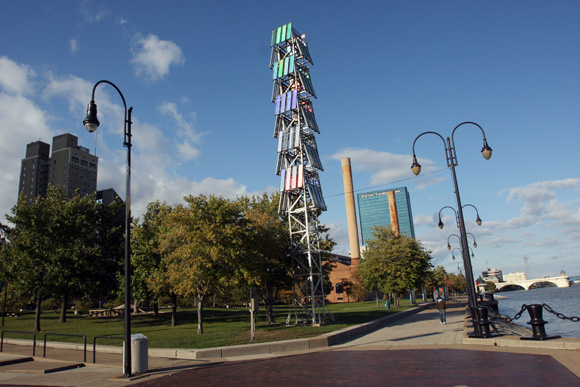 The Toledo riverfront features the Sun Obelisk by sculptor Dale Eldred. Photo Ben French